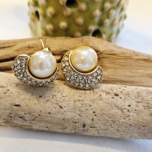 Vintage 1928 Jewelry Co. Gold Tone Faux Pearl and Rhinestone Clip-On Earrings.